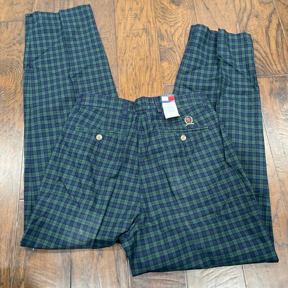 NWT Vintage Tommy Hilfiger Mens Green Blue Black Watch Plaid Pleated Pants 32x32 - Picture 3 of 7